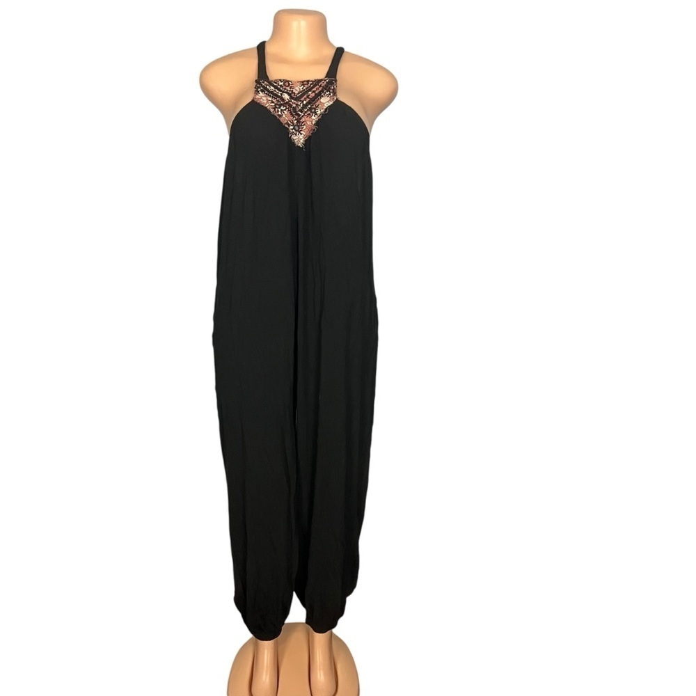 3/$30 ☀️ Mora Black Boho Halter Jumpsuit with Lace Detail